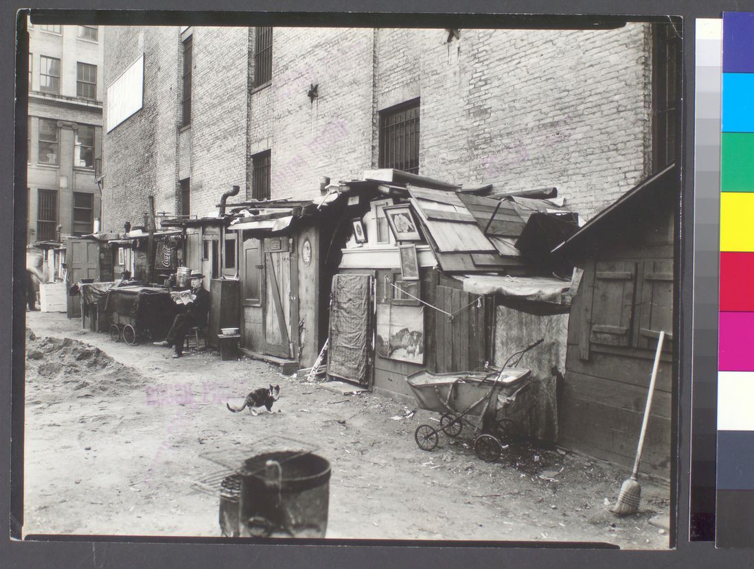 "Unemployed and huts," West Houston -- Mercer St., Manhattan.
